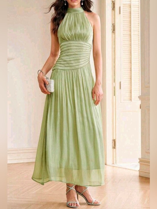 Boutique Dresses & Skirts - New Metallic Crinkled Halter Rhinestone Trim Maxi Dress Green